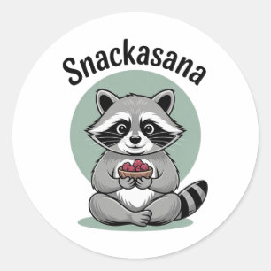 Pegatina Redonda Snackasana Mapache Yoga Divertido Meditación Anima