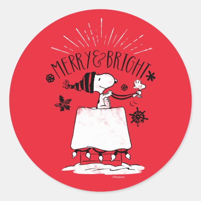 Pegatina Redonda Snoopy and Woodstock - Merry & Bright (Anverso)