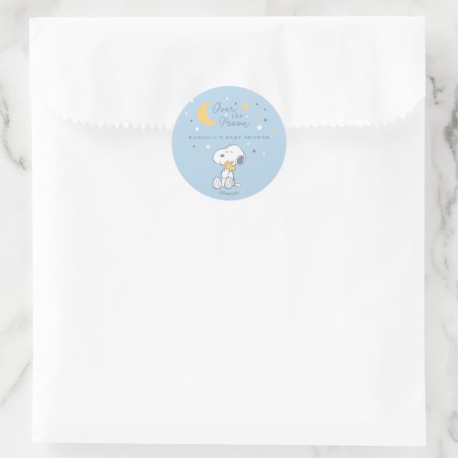 Pegatina Redonda Snoopy & Woodstock | Over the Moon Baby Shower Cla (Bolso)