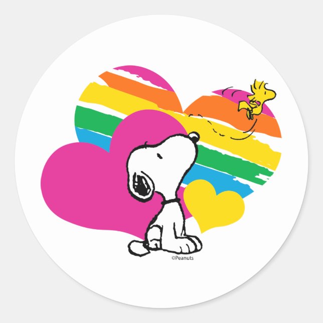 Pegatina Redonda Snoopy y Woodstock | Corazones arcoiris (Anverso)