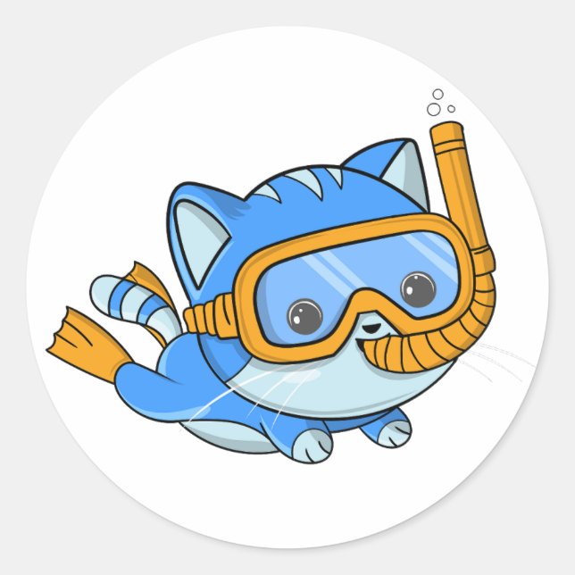 Pegatina Redonda Snorkeling lindo gato Scuba Buceo Kitten (Anverso)