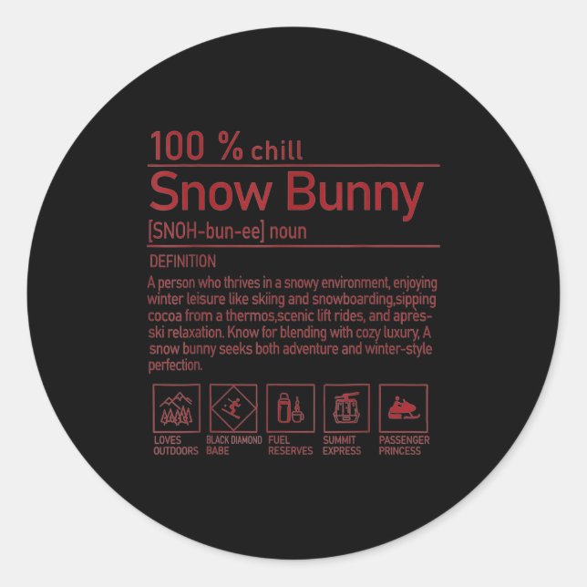 Pegatina Redonda Snow Bunny Definition Funny Trendy Winter Skiing C (Anverso)