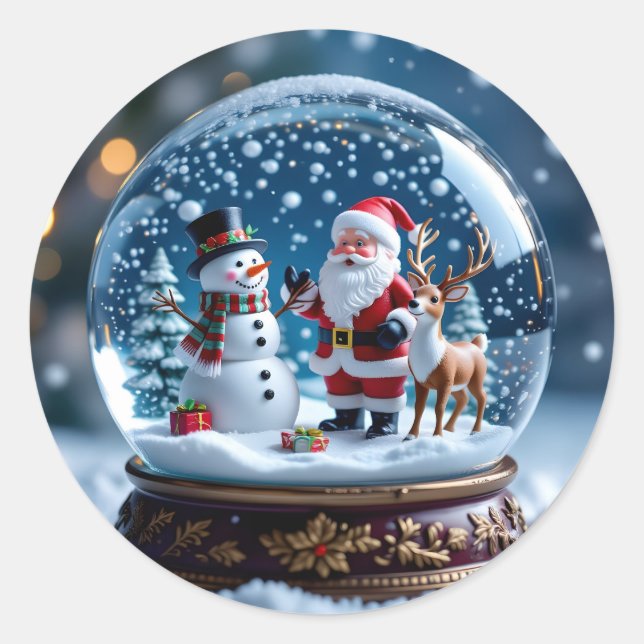 Pegatina Redonda Snow globe with Santa and Reindeer (Anverso)