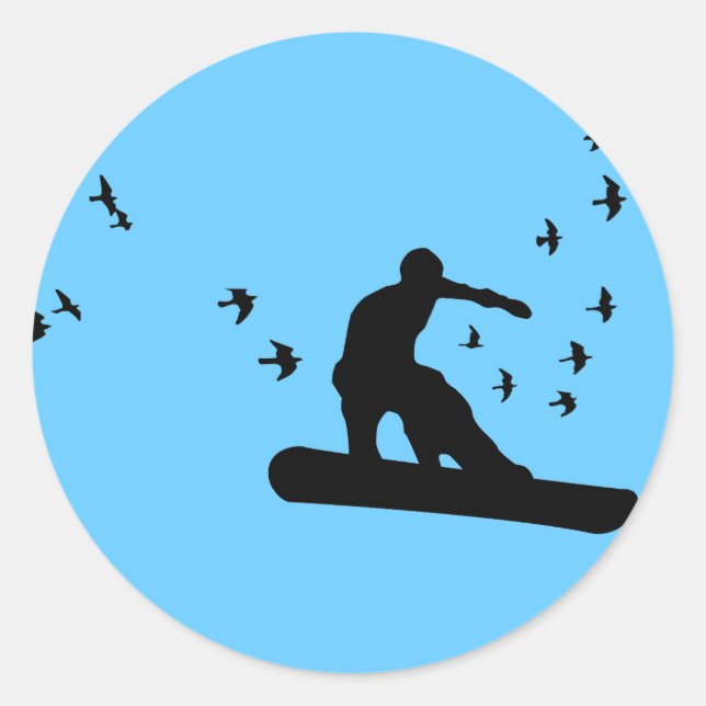 Pegatina Redonda snowboard con aves. (Anverso)