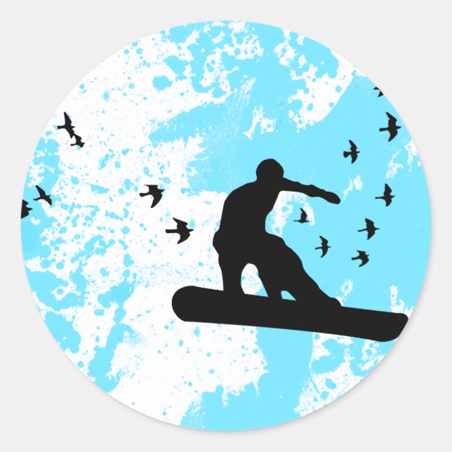 Pegatina Redonda snowboard con aves. (Anverso)