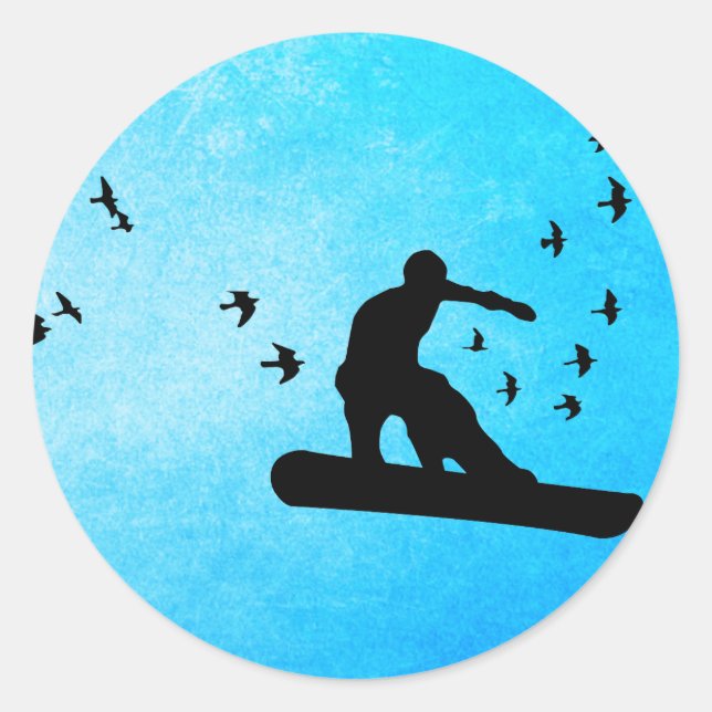 Pegatina Redonda snowboard con aves. (Anverso)
