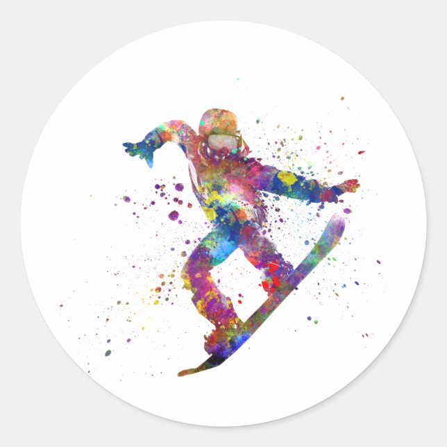 Pegatina Redonda Snowboard in watercolor (Anverso)