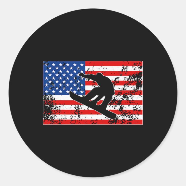 Pegatina Redonda Snowboard Jumping Bandera Estadounidense Snowboard (Anverso)