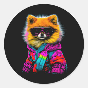 Pegatina Redonda Snowboard Pomeranian Dog Deportes de invierno