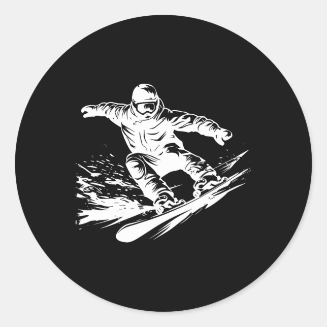 Pegatina Redonda Snowboarder Dibujando Pendiente De Snowboard (Anverso)
