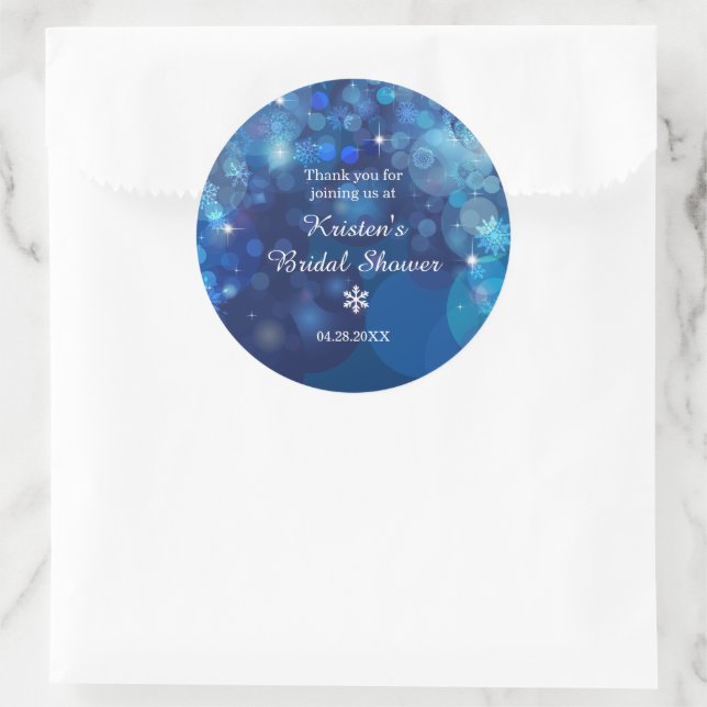 Pegatina Redonda Snowflake Blue Bokeh Winter Bridal Shower (Bolso)