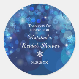 Pegatina Redonda Snowflake Blue Bokeh Winter Bridal Shower