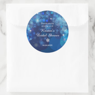 Pegatina Redonda Snowflake Blue Bokeh Winter Bridal Shower