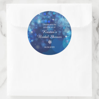 Pegatina Redonda Snowflake Blue Bokeh Winter Bridal Shower