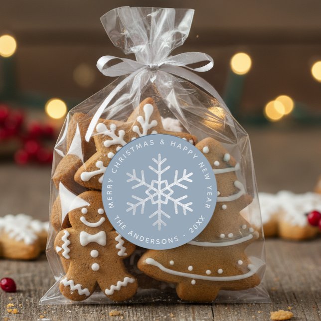 Pegatina Redonda Snowflake Christmas Dusty Blue Elegant Faux Silver (Subido por el creador)