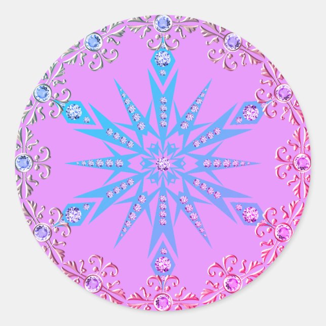Pegatina Redonda Snowflake Diamond retro azul violeta mediados de s (Anverso)
