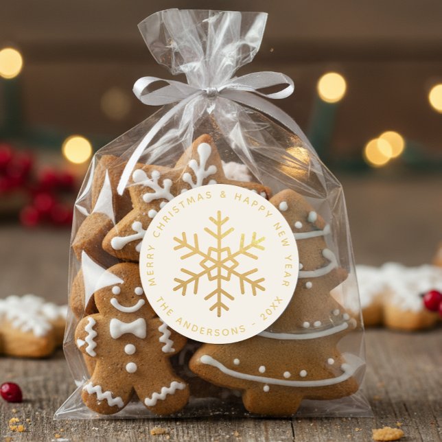 Pegatina Redonda Snowflake Faux Gold Merry Christmas Happy New Year (Subido por el creador)