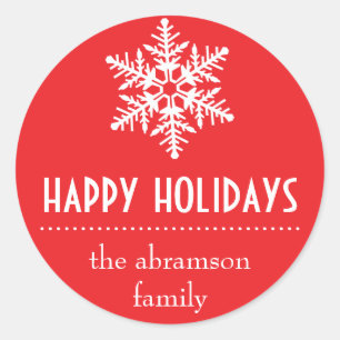 Pegatina Redonda Snowflake Felices Fiestas Pegatinas (Rojo)