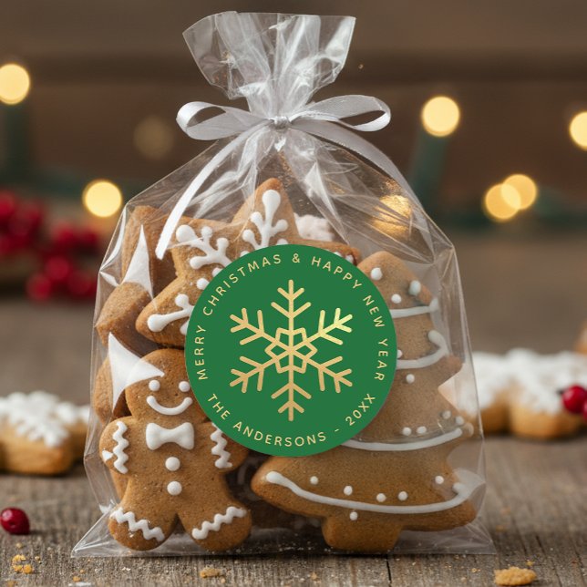 Pegatina Redonda Snowflake Green & Faux Gold Foil Elegant Christmas (Subido por el creador)