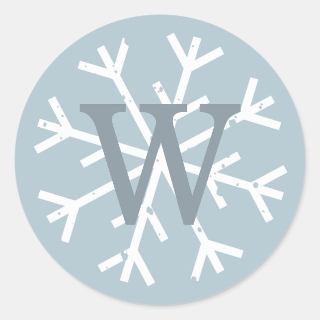 Pegatina Redonda Snowflake Monograma Azul moderno (Anverso)