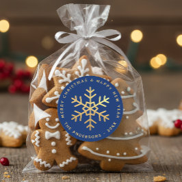 Pegatina Redonda Snowflake Royal Blue Elegant Faux Gold Christmas 