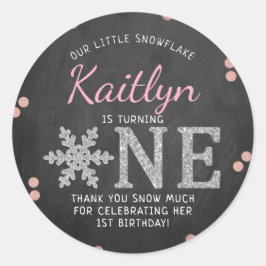Pegatina Redonda Snowflake Winter Chalkboard Primer cumpleaños