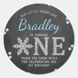 Pegatina Redonda Snowflake Winter Chalkboard Primer cumpleaños