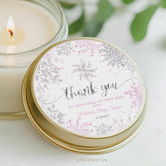 Pegatina Redonda Snowflake Winter Chica de ducha para bebé (Snowflake round sticker, winter baby shower sticker, girl baby shower sticker, snowflake theme stick)