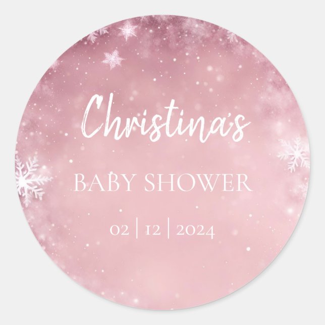Pegatina Redonda Snowflake Winter Wonderland Baby Shower Pink (Anverso)