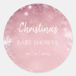 Pegatina Redonda Snowflake Winter Wonderland Baby Shower Pink