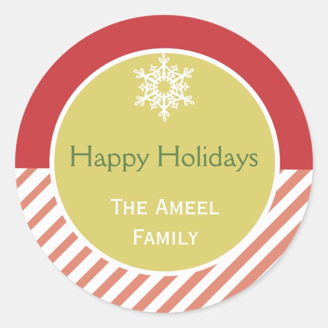 Pegatina Redonda Snowflake y Stripe | Pegatinas de vacaciones rojas (Anverso)