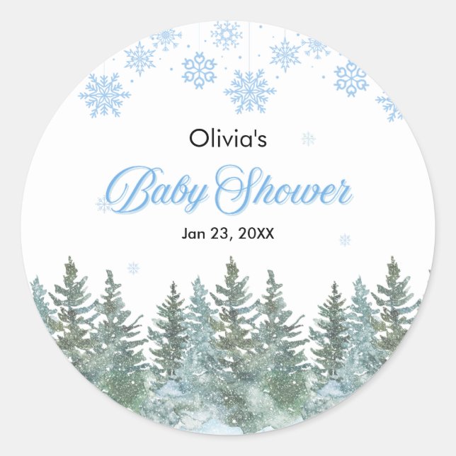 Pegatina Redonda Snowflakes Pine Trees Winter Baby Shower  (Anverso)