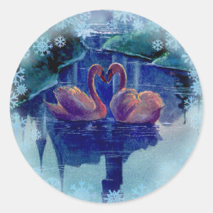 Pegatina Redonda SNOWFLAKES & SWAN WREATES de SHARON SHARPE