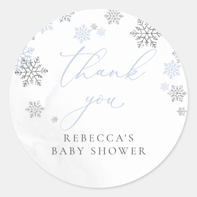 Pegatina Redonda Snowflakes Winter Boy Baby Shower Gracias (Anverso)