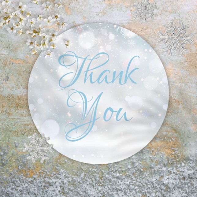 Pegatina Redonda Snowflakes Winter Elegant Script Gracias (Snowflakes Winter Elegant Script Thank You Classic Round Sticker)