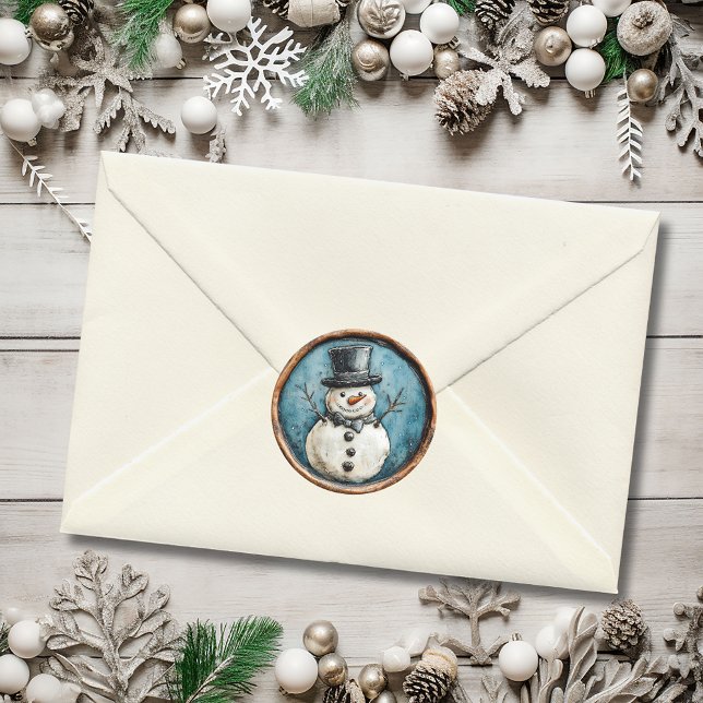 Pegatina Redonda Snowman Blue Christmas Faux Wax (Snowman Blue Christmas Faux Wax Classic Round Sticker)