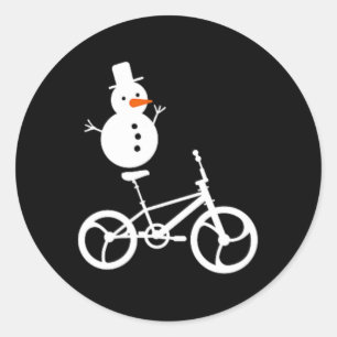 Pegatina Redonda Snowman Bmx Navidades en bicicleta de invierno Sp