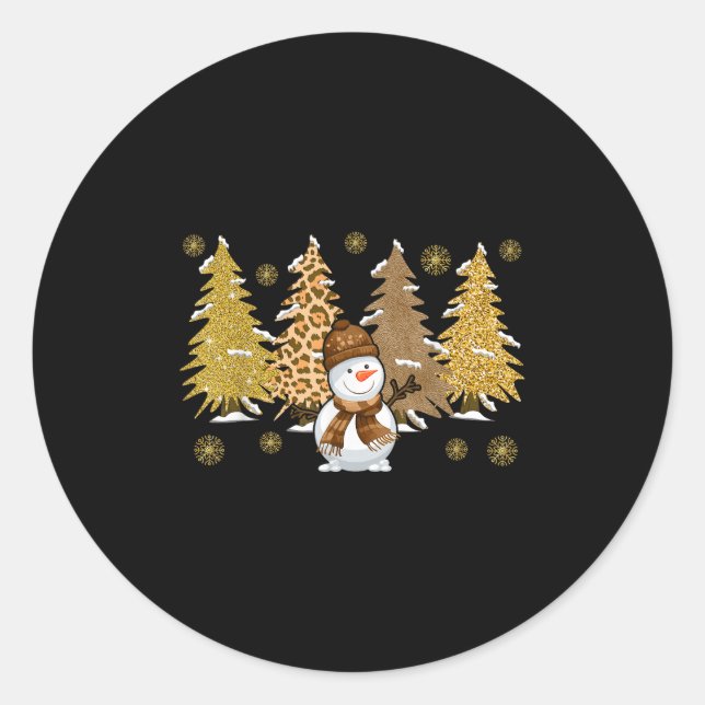 Pegatina Redonda Snowman Christmas Trees In Gold Merry Christmas Pa (Anverso)