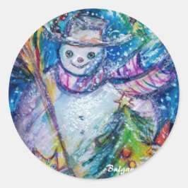 PEGATINA REDONDA SNOWMAN CON ÁRBOL DE NAVIDAD Y JUGUETES