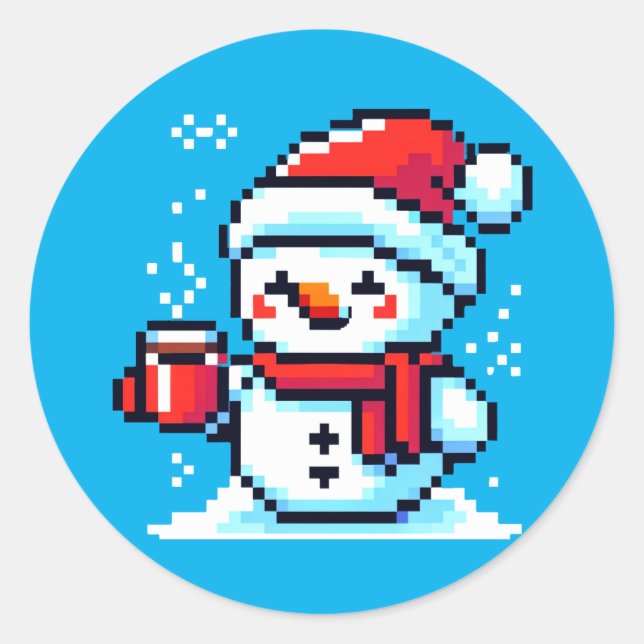 Pegatina Redonda Snowman con café - Arte navideño en invierno (Anverso)