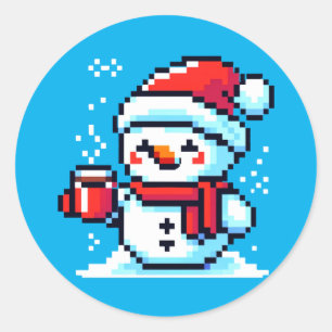 Pegatina Redonda Snowman con café - Arte navideño en invierno