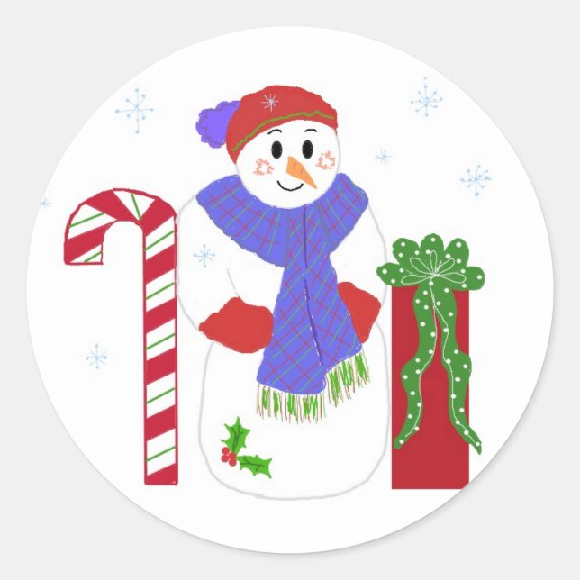 Pegatina Redonda Snowman con Candy Cane (Anverso)