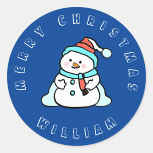 Pegatina Redonda Snowman con nombre personalizado Azul marino nav