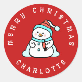 Pegatina Redonda Snowman con nombre personalizado | Navidades rojos