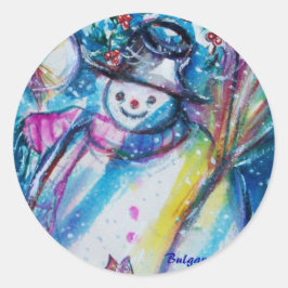 PEGATINA REDONDA SNOWMAN CON OWL EN LA NOCHE DE INVIERNO