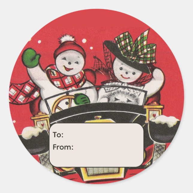 Pegatina Redonda Snowman Couple in Car Personalized To and From (Anverso)