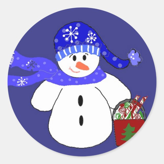 Pegatina Redonda Snowman en azul (Anverso)