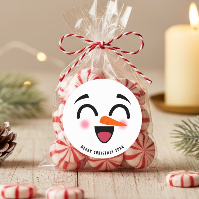 Pegatina Redonda Snowman Feliz Navidad Cute Sonriente Cara Invierno (Snowman Merry Christmas Cute Smiling Face Winter Classic Round Sticker
)