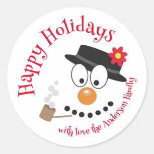Pegatina Redonda Snowman Funny Face, regalo de Navidades de Novedad