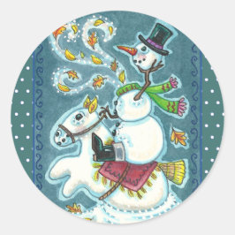 PEGATINA REDONDA SNOWMAN HORSEMANA SIN CABEZA, XMAS HALLOWEB HUMOR,